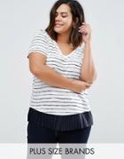 Junarose Plus Striped T-shirt With Pleated Hem - White