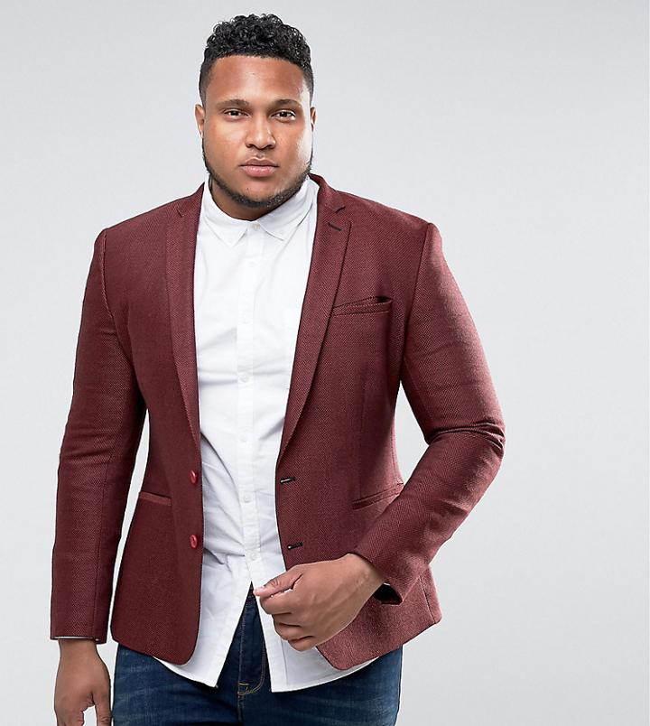 Asos Plus Slim Texture Blazer In Burgundy Wool Mix - Red