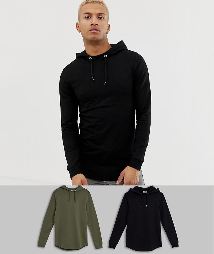 Asos Design Longline Muscle Hoodie 2 Pack With Curved Hem In Black/khaki Save - Multi