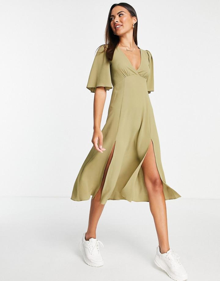 Asos Design Angel Sleeve Midi Dress In Khaki-green