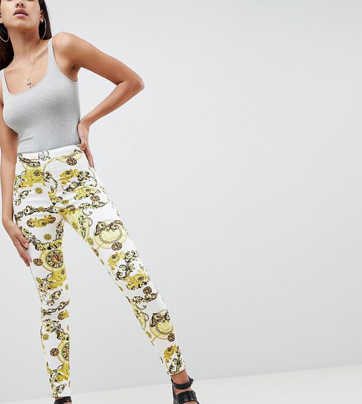 Asos Design Rivington High Waisted Denim Jeggings In Scarf Print-white