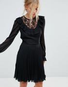 Elise Ryan Long Sleeve Skater Dress With Frill Detail And Pleated Skirt - Black