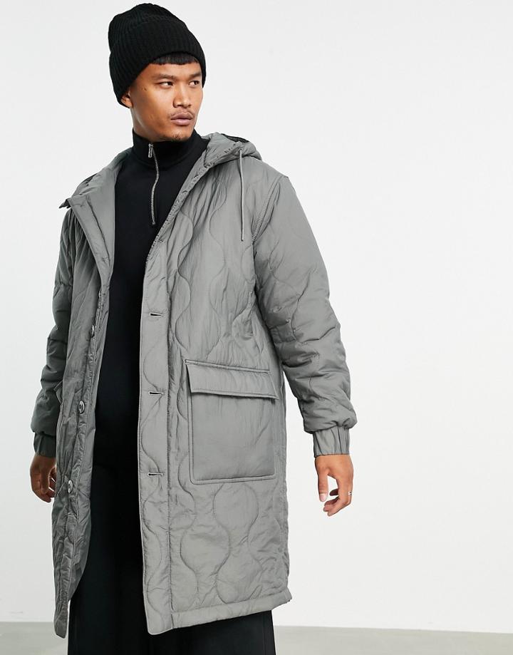 Asos Design Onion Quilt Parka Jacket In Gray-grey