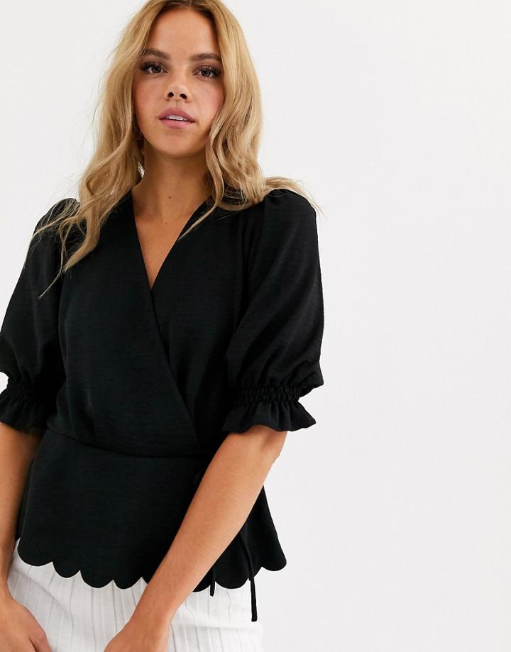 Miss Selfridge Wrap Blouse With Scallop Hem In Black-green