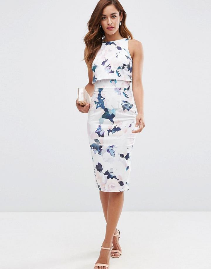 Asos Crop Top Midi Pencil Dress In Pastel Floral - Multi