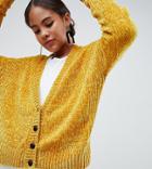 Asos Design Tall Cropped Cardigan In Chenille With Buttons - Yellow