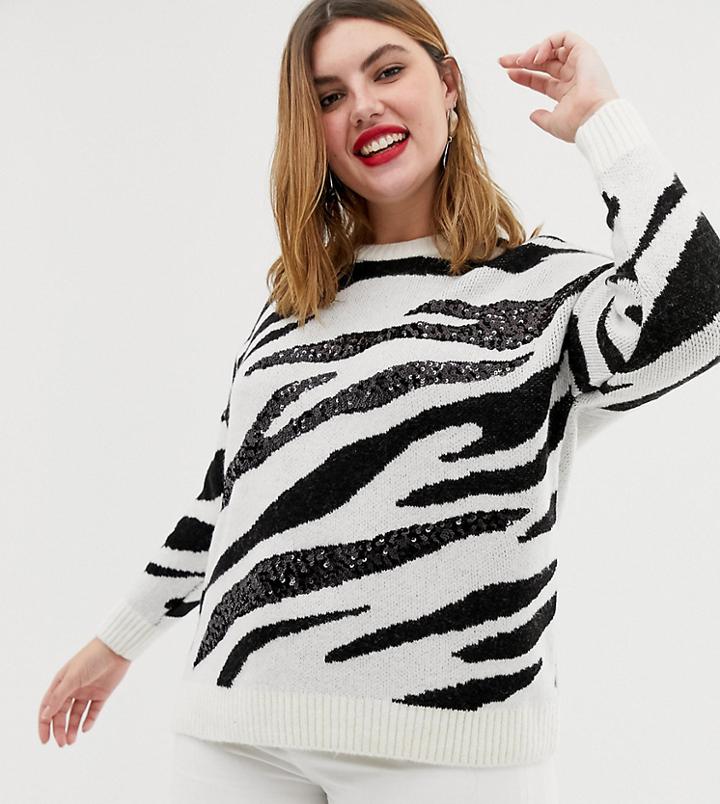 New Look Curve Sequin Sweater In Zebra - Black