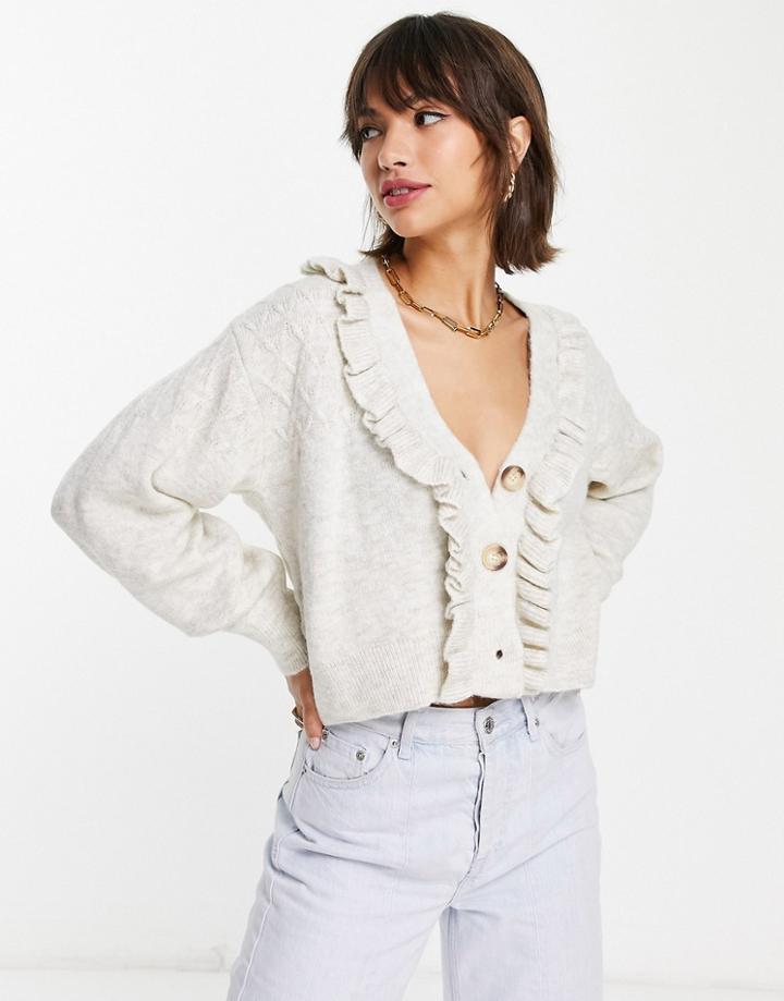 Mango Knitted Button Down Sweater With Ruffles In Beige-neutral