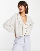 Mango Knitted Button Down Sweater With Ruffles In Beige-neutral