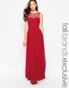 Little Mistress Tall Maxi Dress With Sheer Embellished Yoke - Berry