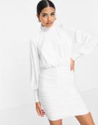 John Zack Exclusive High Neck Ruched Skirt Detail Mini Dress In White