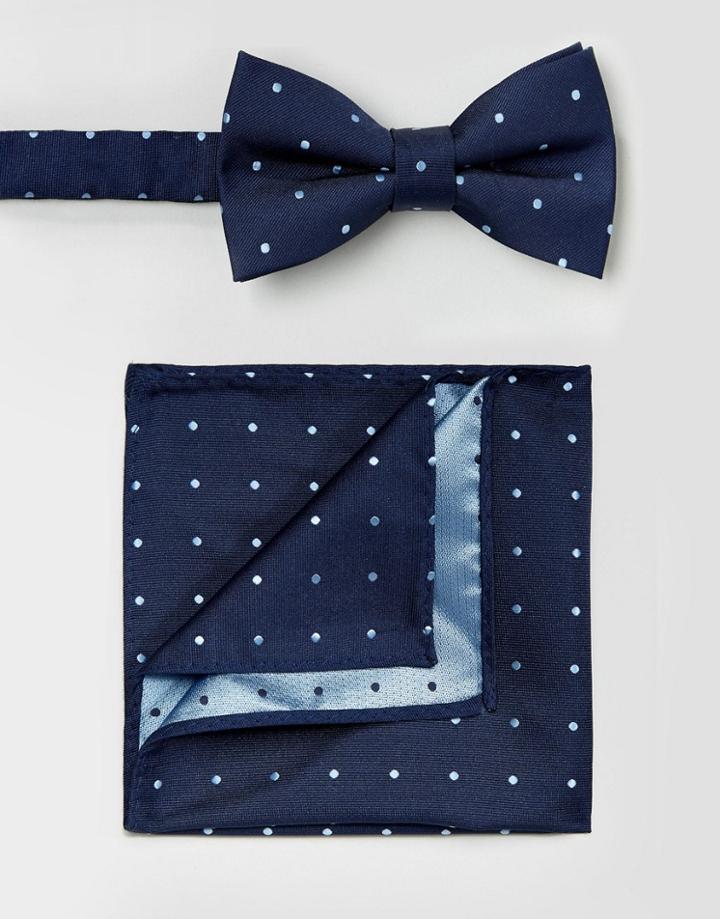 Selected Homme Silk Bow Tie & Pocket Square Set - Navy