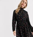 New Look Shirred Neck Mini Dress In Rose Ditsy Floral Print-black