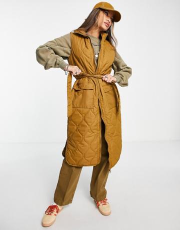 Only Quilted Ultra Longline Belted Vest In Tan-brown