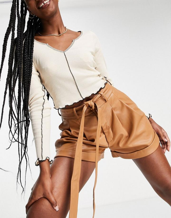 Miss Selfridge Faux Leather Belted Short In Tan-brown