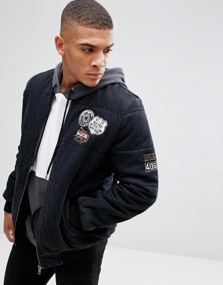 Asos Denim Bomber Jacket With Badges In Washed Black - Black