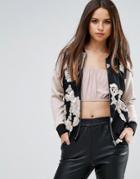 Goldie Drive By Embroidered Flower Bomber Jacket With Satin Sleeves - Pink