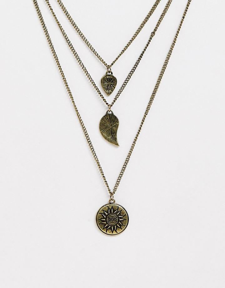 Asos Design Layered Necklace With Sun Charm In Burnished Gold Tone - Gold