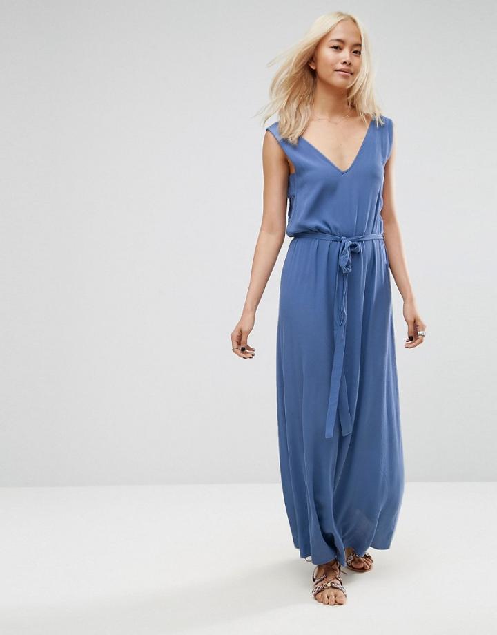 Asos Maxi Dress With Deep V-neck And Side Tab Detail - Blue
