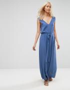 Asos Maxi Dress With Deep V-neck And Side Tab Detail - Blue