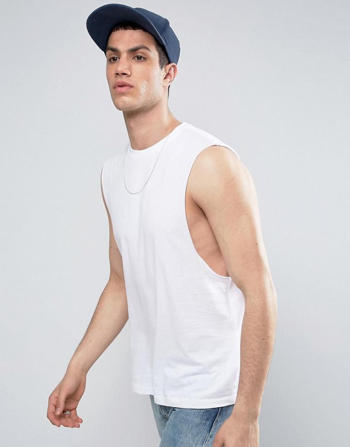 Asos Sleeveless T-shirt With Dropped Armhole In White - White