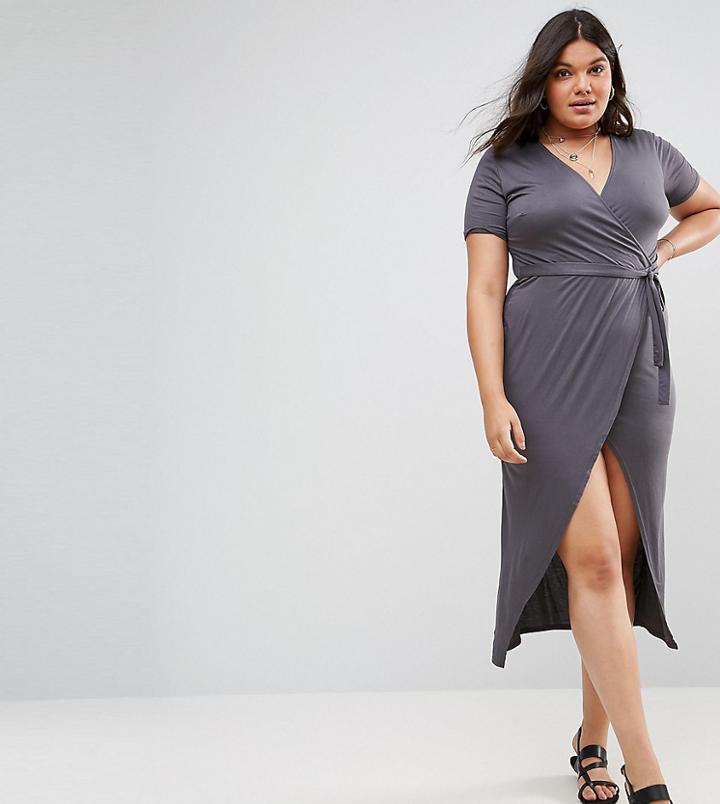 Club L Plus Short Sleeve Wrap Over Open Split Midi Dress - Gray