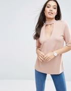 Asos Top With High Neck Plunge In Ponte - Stone