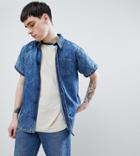 Reclaimed Vintage Inspired Denim Acid Wash Shirt With Short Sleeves - Blue