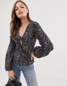 Asos Design Long Sleeve Tea Blouse With Ruched Detail In Ditsy Floral Print - Multi