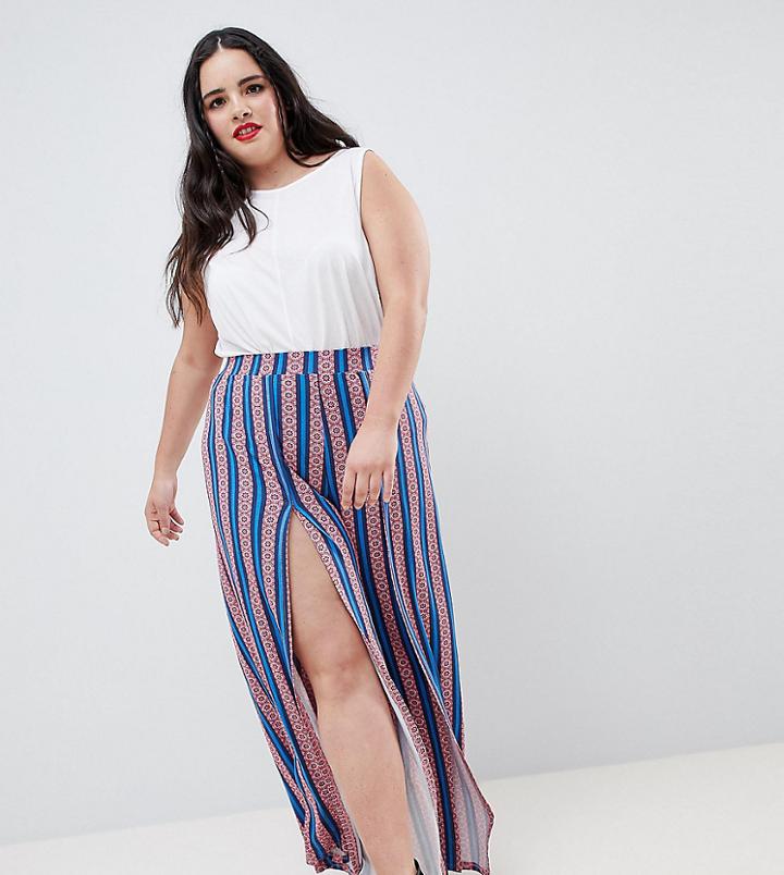 Asos Design Curve Wide Leg Pants With Split Front In Geo-tribal Stripe Print - Multi