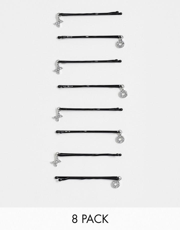 Asos Design Pack Of 8 Hair Clips With X O Crystal Charms-silver