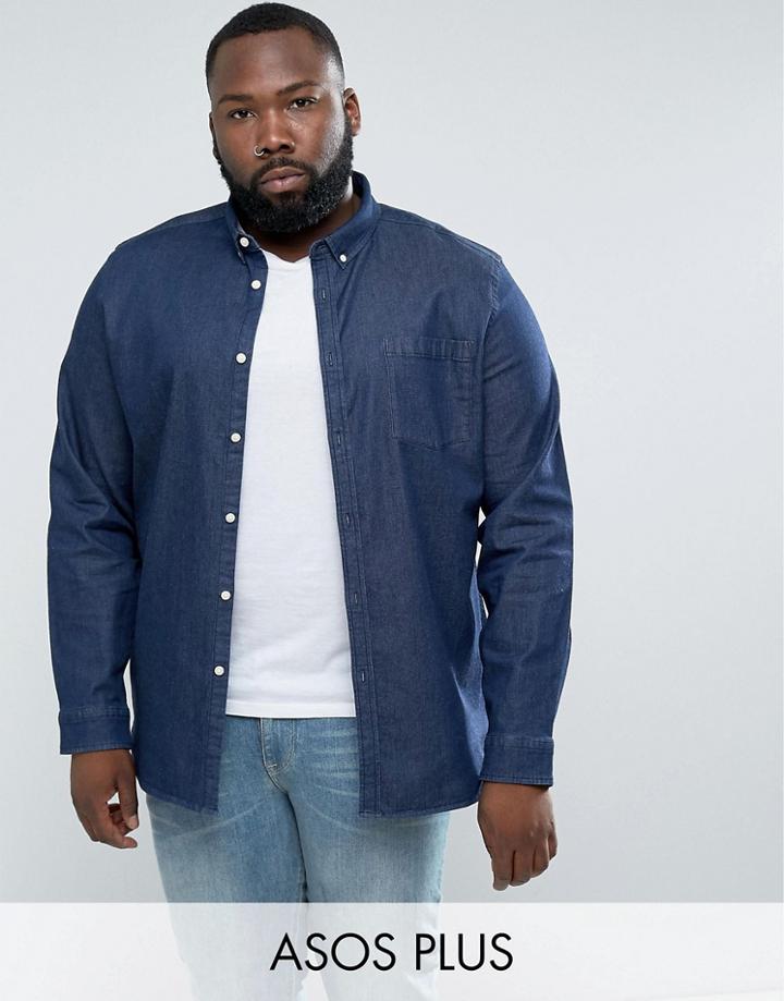Asos Plus Slim Denim Shirt With Stretch With Chest Pocket In Rinse Wash - Navy