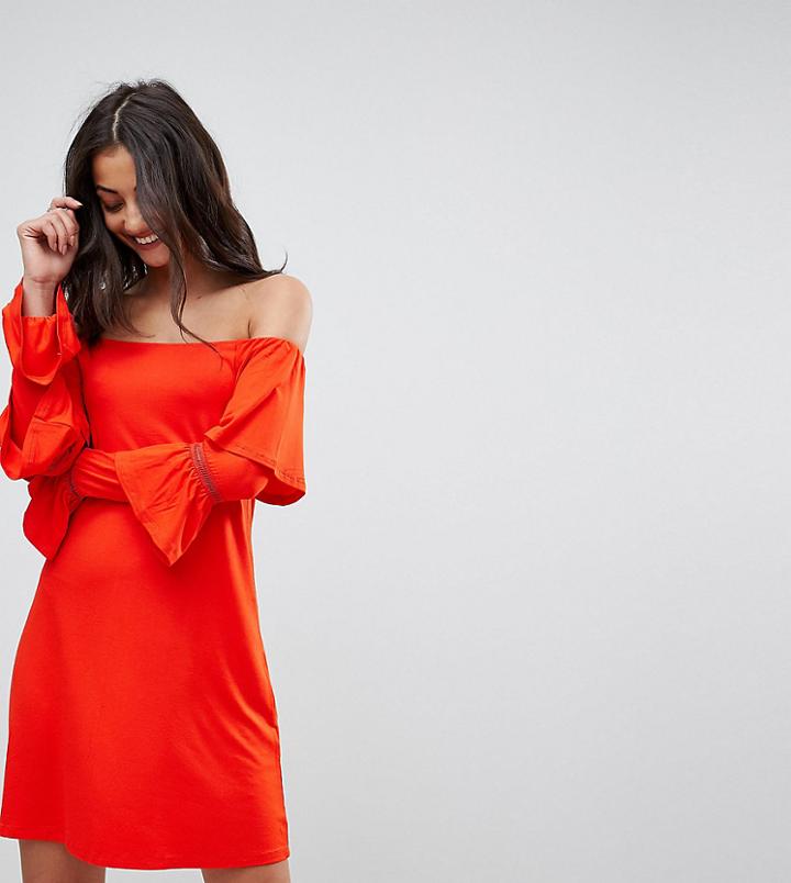 Asos Tall Off Shoulder Mini Sundress With Flamenco Sleeves - Red