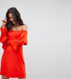 Asos Tall Off Shoulder Mini Sundress With Flamenco Sleeves - Red