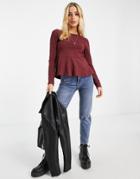 Asos Design Peplum Long Sleeve Top In Burgundy-red
