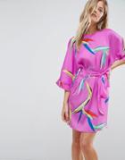 Asos Belted Dress In Bright Abstract Floral - Pink
