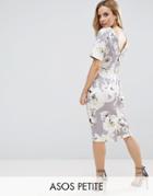 Asos Petite Smart Dress With V Back In Gray Floral Print - Gray