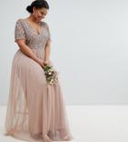 Maya Plus Bridesmaid V Neck Maxi Tulle Dress With Tonal Delicate Sequins - Brown