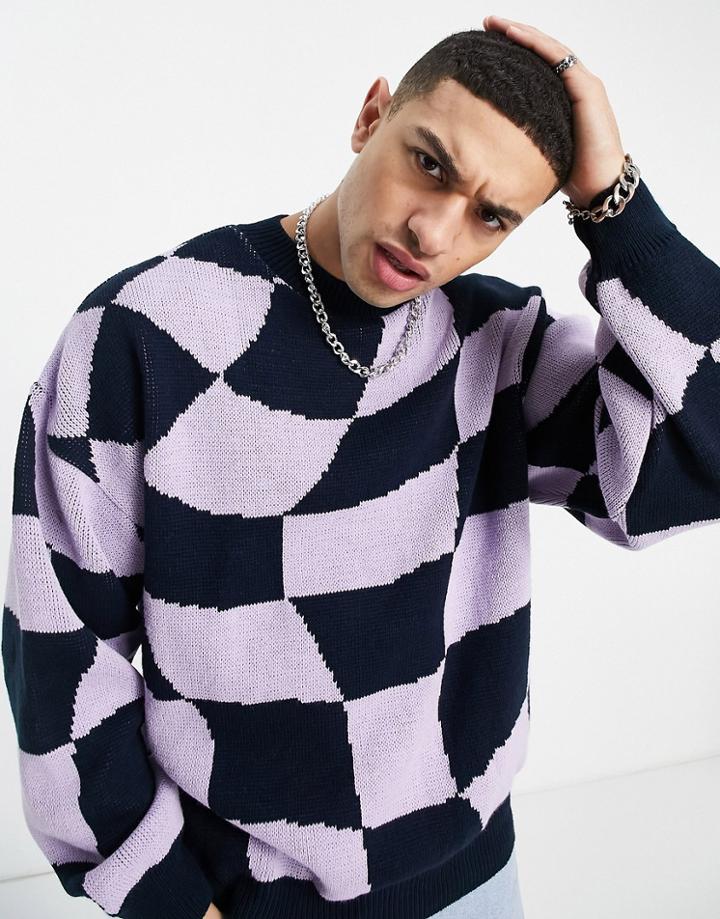 Topman Oversized Knitted Sweater With Warped Checkerboard In Navy And Lilac-blues