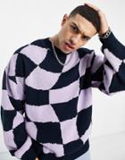 Topman Oversized Knitted Sweater With Warped Checkerboard In Navy And Lilac-blues