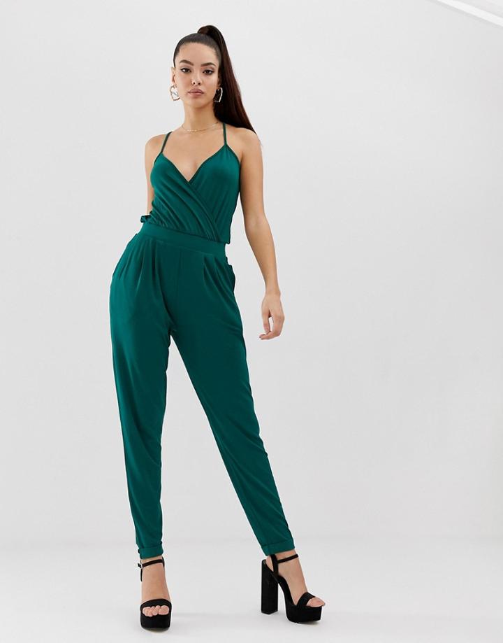 Asos Design Cami Wrap Front Jersey Jumpsuit With Peg Leg-green