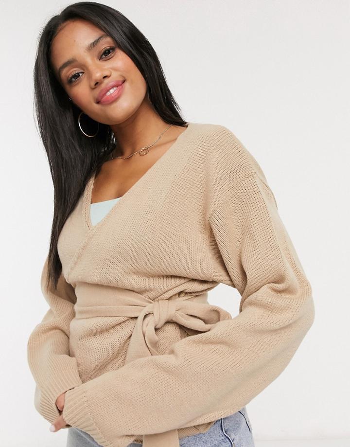 In The Style X Lorna Luxe Knitted Wrap Detail Top In Stone-neutral