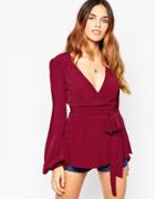 Asos Obi Wrap Ultimate 70s Blouse - Burgundy