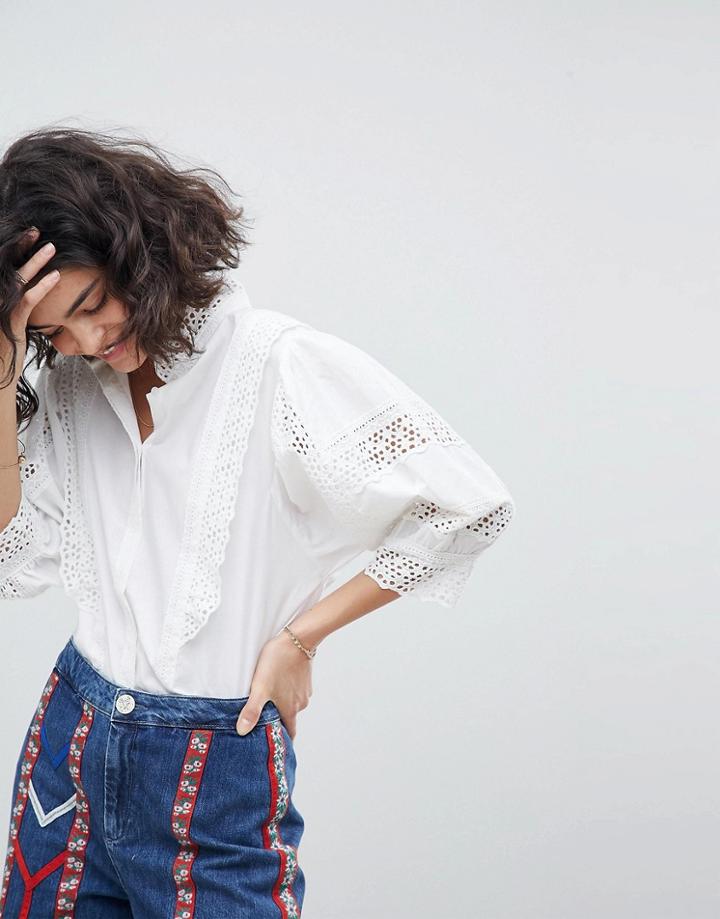 Intropia Broderie Shirt With Puff Sleeve - White