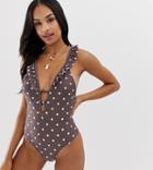 Miss Selfridge Exclusive Swimsuit With Frill In Polka Dot-brown