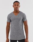 Asos Design Muscle T-shirt With Stretch Deep V Neck In Interest Rib In Gray - Gray