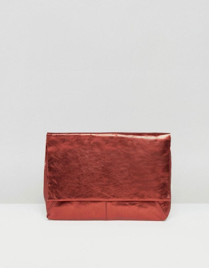Asos Leather Metallic Flap Over Clutch Bag - Red
