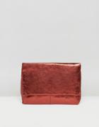 Asos Leather Metallic Flap Over Clutch Bag - Red