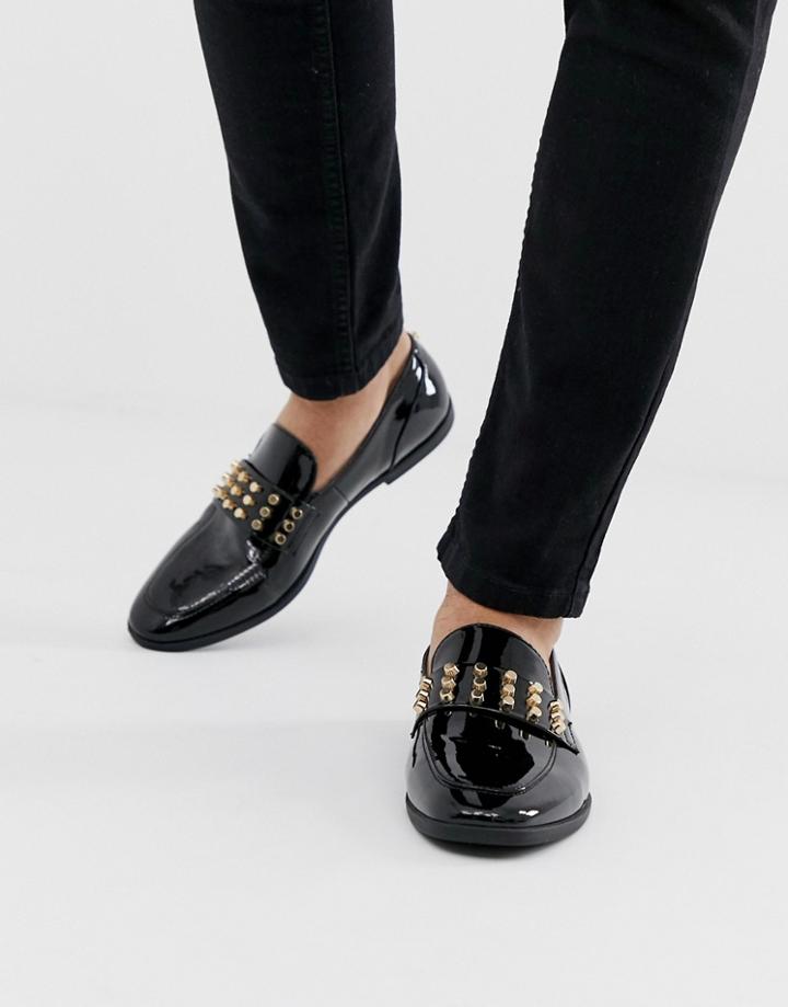 Asos Design Black Patent Loafer With Gold Studding - Black