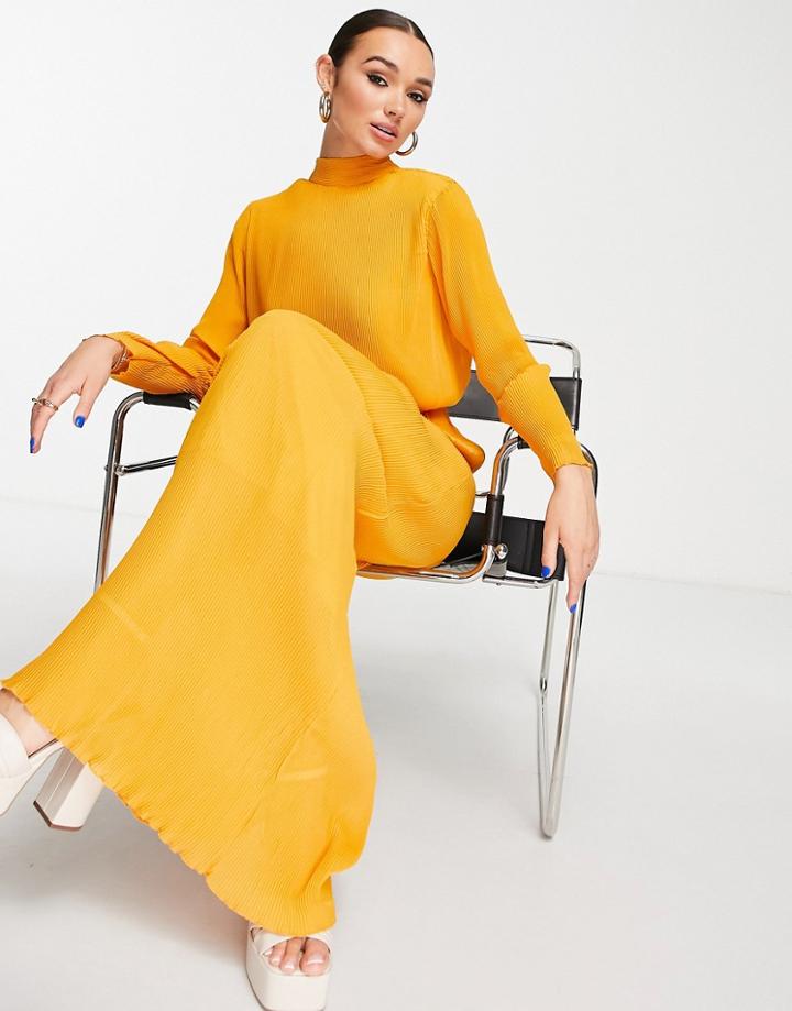 Asos Design High Neck Chiffon Plisse Maxi Dress-yellow